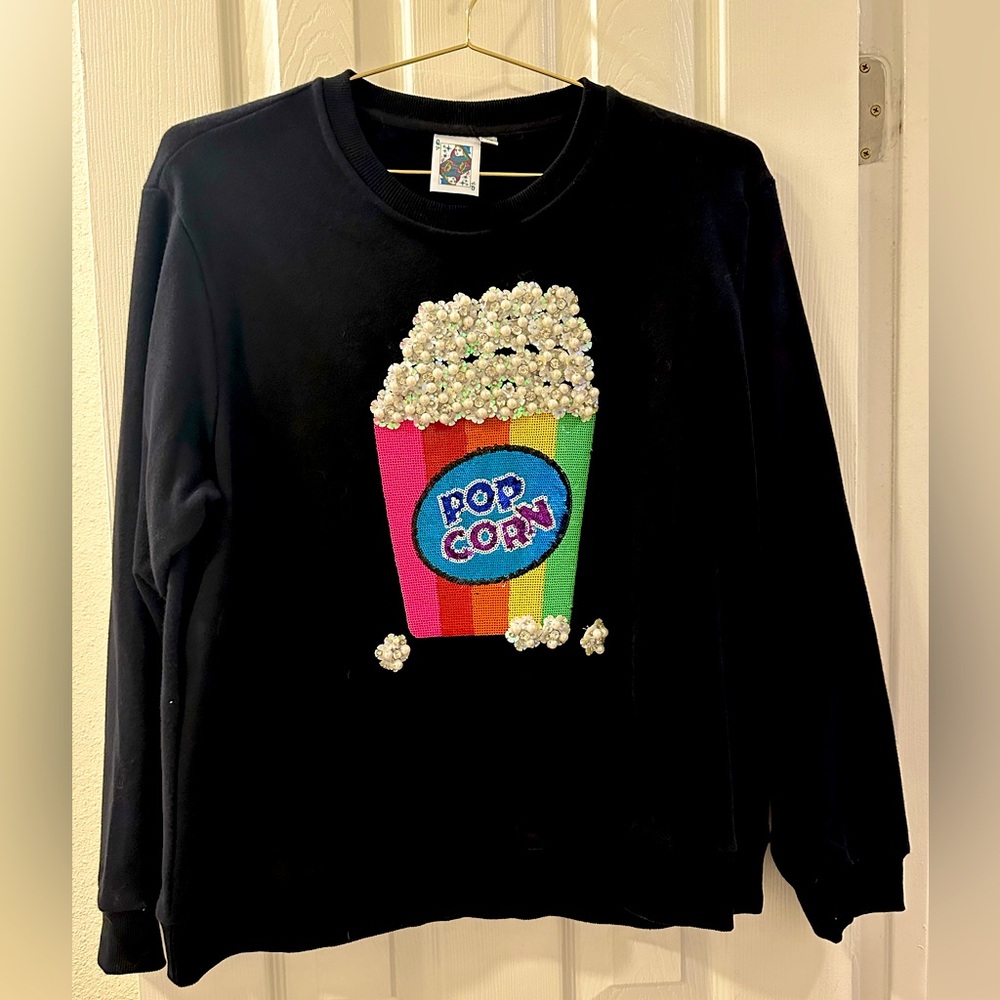 Black Crewneck Sweater with Embellished Popcorn Design
